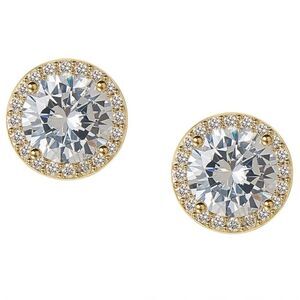 14K Yellow Gold and White Diamond Cubic Zirconia Round Halo Post Stud Earrings
